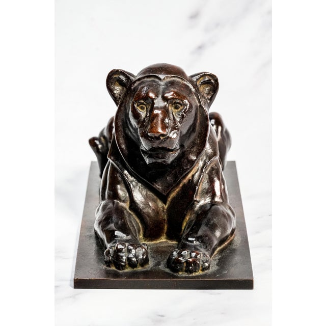 1920s Art Deco Style Antique Recumbent Lion Cast Metal Statue Sculpture Home Decor For Sale - Image 5 of 11