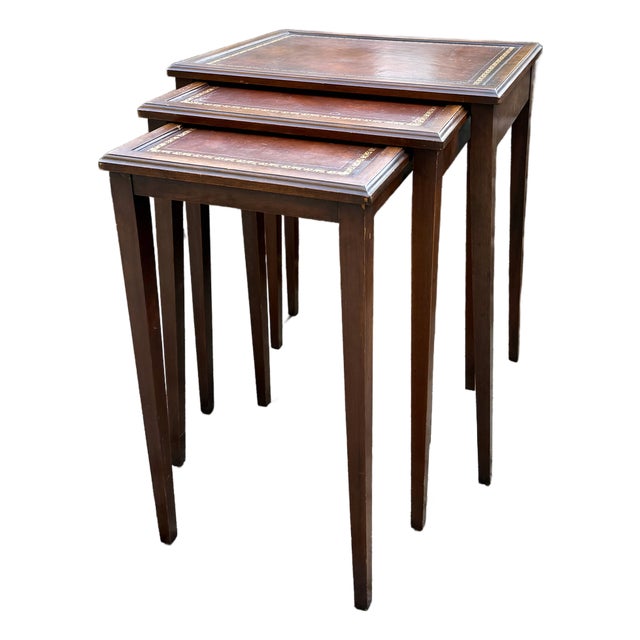 Vintage Edwardian Mahogany Leather Top Nesting Tables - Set of 3 For Sale