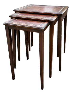 Vintage Edwardian Mahogany Leather Top Nesting Tables - Set of 3