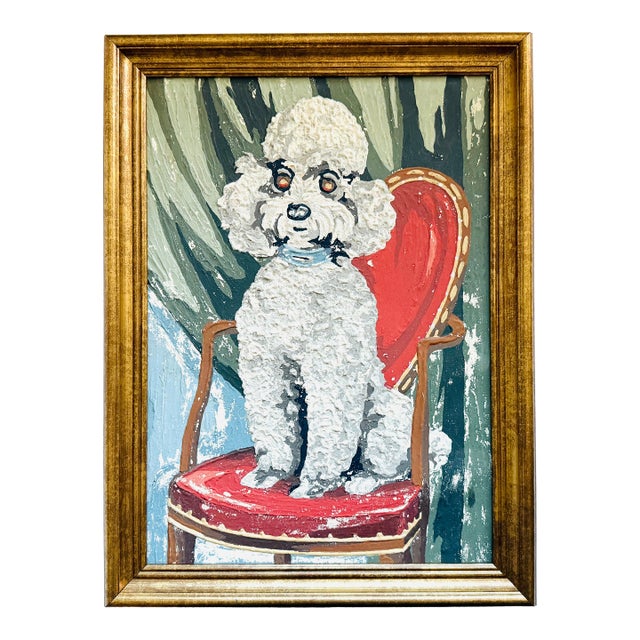 Seated White Poodle on Red Chair Gouache Framed Oil on Paper For Sale