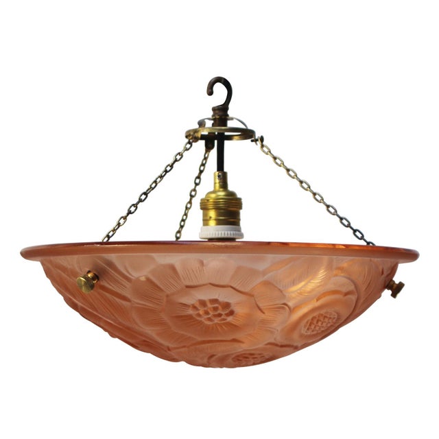 Pink Art Nouveau French Brass and Pink Pressed Glass Pendant Light, 1920s For Sale - Image 8 of 8