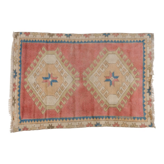 Mid 20th Century Faded Rose & Blue Geometric Motifs Rug For Sale