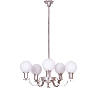 Art Deco Chandelier in Nickel, Steel and Opaline Glass, Czech, 1920s For Sale