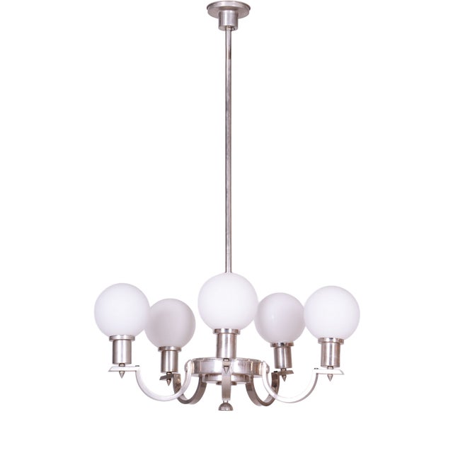 Art Deco Chandelier in Nickel, Steel and Opaline Glass, Czech, 1920s For Sale