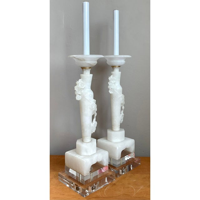 Hollywood Regency Vintage Carved Alabaster Floral Ring Candlestick Lamps - A Pair For Sale - Image 3 of 12