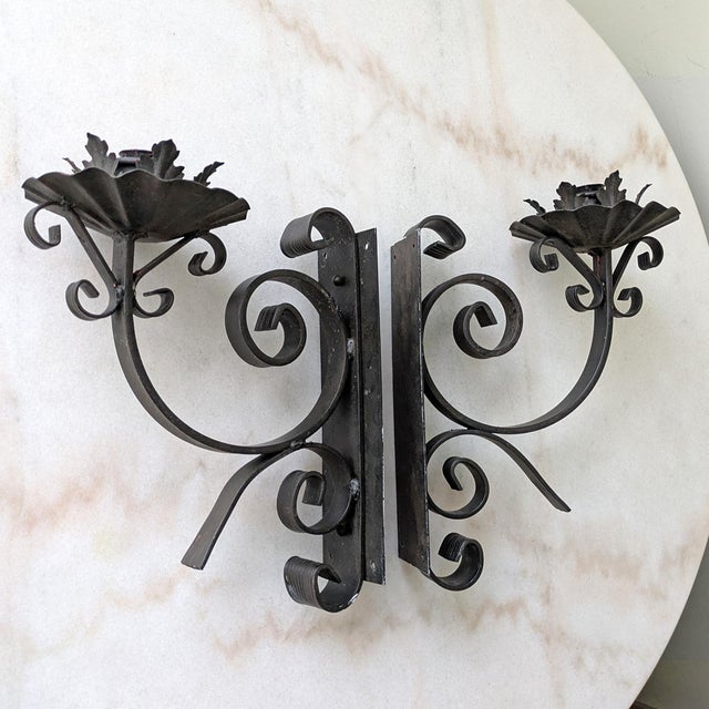 Vintage Spanish Revival Large Wrought Iron Candle Wall Sconces For Sale - Image 4 of 7