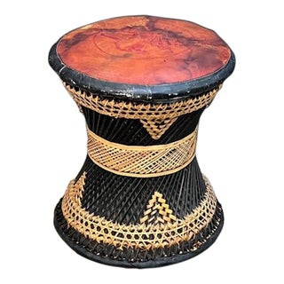 Spun Wicker Stool - 1950s-60s Leather-Top Wicker Hourglass Stool For Sale