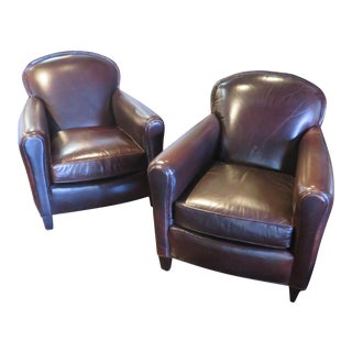 Crate & Barrel Leather Eiffel Club Chairs- A Pair For Sale