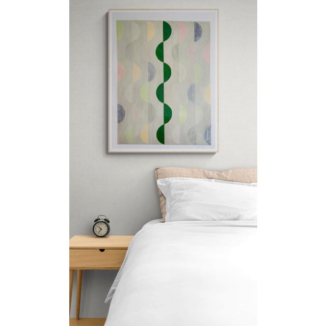 This original painting features repeating pattern of half circle shapes in various colors drawn with colored pencil. An...