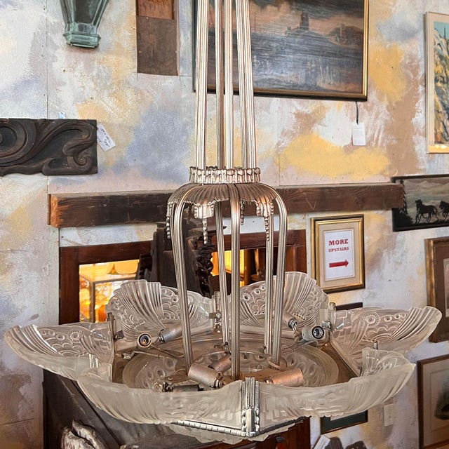 Vintage French Georges Leleu Art Deco Cast Metal and Glass 9-Light Chandelier For Sale - Image 10 of 12