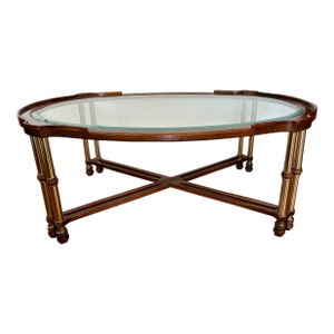 Vintage Faux Bamboo Style Burl Wood, Brass & Glass Coffee Table