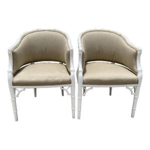 Mid 20th Century Pair of White Bamboo Chairs With Taupe Fabric by Monteverdi Young