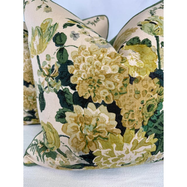 Custom pair of 22" pillows covered in Clarence House "Dahlia" in green hand blocked linen and backed and welted in a...