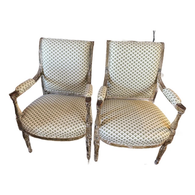 Pair of Antique French Louis XVI–Style Bergère Chairs, Green & White Striped Upholstery For Sale