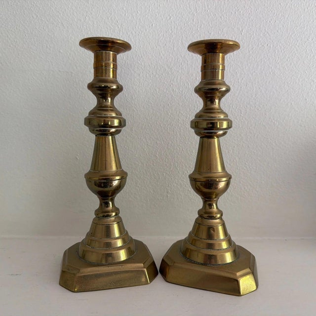 Victorian Pair of Vintage Solid Brass Candlesticks 10” High For Sale - Image 3 of 5