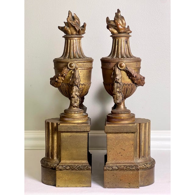 Pair of French Gilt Bronze Chenets, Patinated, Louis XVI Style, 19th Century For Sale - Image 4 of 16