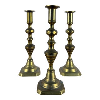 Late 19th Century Antique English Victorian Brass Candlesticks, Set of Three For Sale