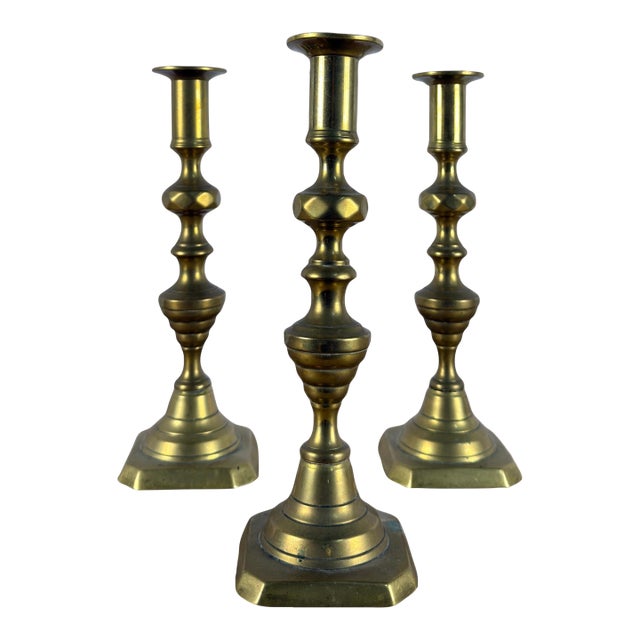 Late 19th Century Antique English Victorian Brass Candlesticks, Set of Three For Sale