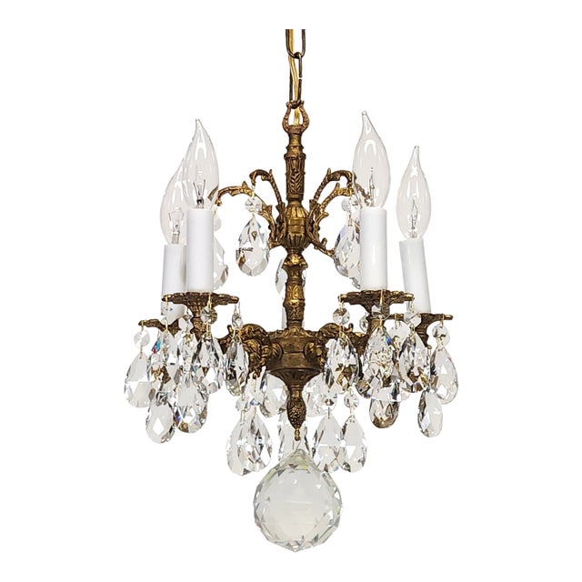 Antique 5 Arm 5 Light Tiny Dancer Brass Cut Lead Glass Crystal Chandelier For Sale