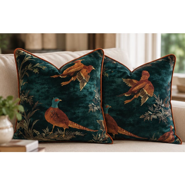 Mid-Century Modern Mulberry Home Game Show Teal Velvet Pheasant Pillows - A 22" Pair For Sale - Image 3 of 5