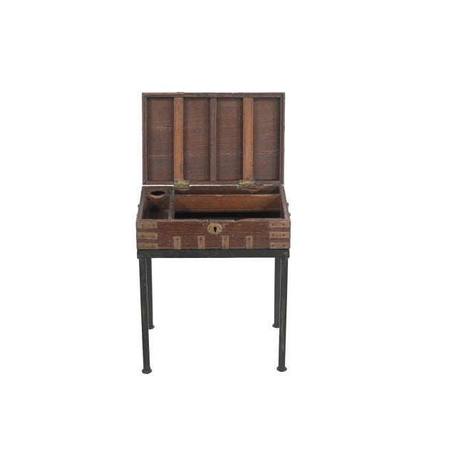 English Vintage Anglo-Indian Teak and Brass Small Chest on Iron Legs/Side Table For Sale - Image 3 of 3