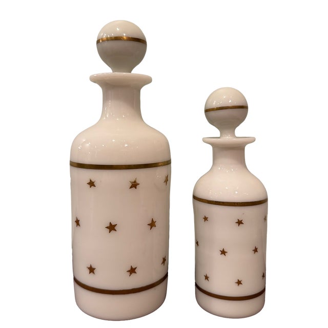 Early 20th Century Antique Portieux Vallerysthal French White Opaline Gold Star Apothecary Bottles — Pair For Sale - Image 5 of 13