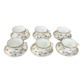Porcelain Cups and Saucers with Gilt Edges and Floral Motifs from Meissen, 1950s, Set of 12 For Sale