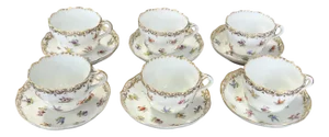 Porcelain Cups and Saucers with Gilt Edges and Floral Motifs from Meissen, 1950s, Set of 12