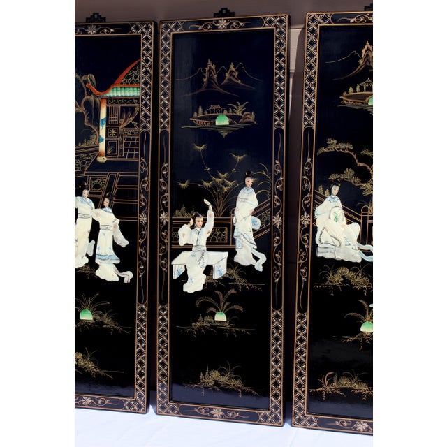 Vintage Chinese Black Lacquer Mother-of-Pearl Inlay Wall Panels - Set of 4 Chinoiserie Scenic Figures & Pagoda Landscape Art For Sale - Image 13 of 18