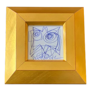 1980’s Original Wayne Cunningham Small Abstract Blue Ink Drawing Gilt Wood Frame