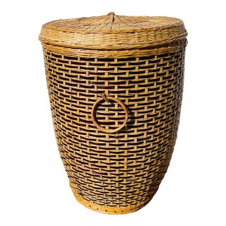 Mid 20th Century Vintage Rattan Woven Lidded Basket For Sale