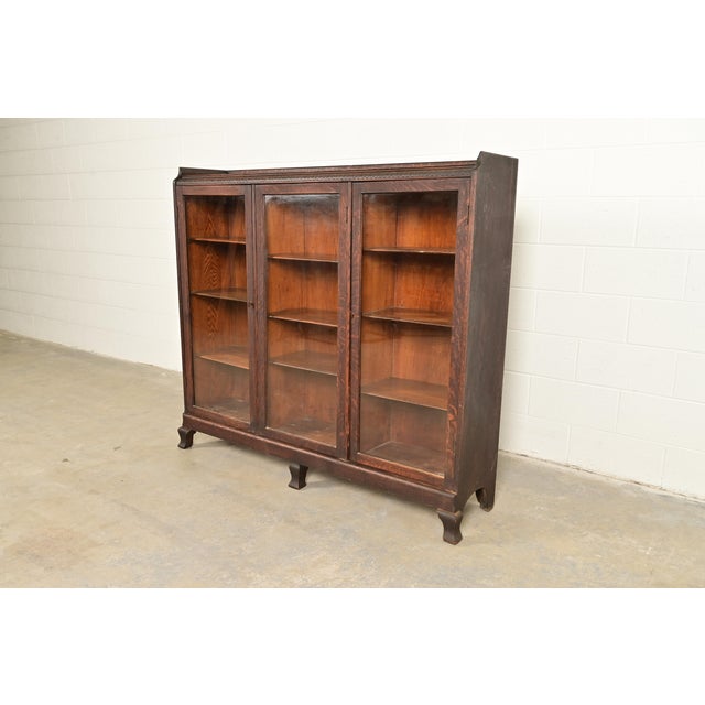 Victorian R. J. Horner Style Victorian Carved Oak Glass Front Triple Bookcase, Circa 1890s For Sale - Image 3 of 12