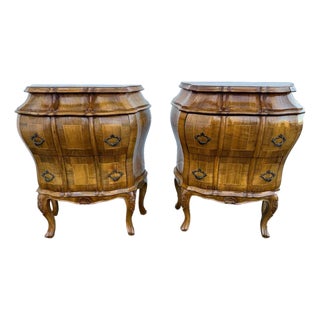 Pair of Antique Italian Rococo Venetian Louis XIV Style Bombe Burl Walnut Chests. For Sale