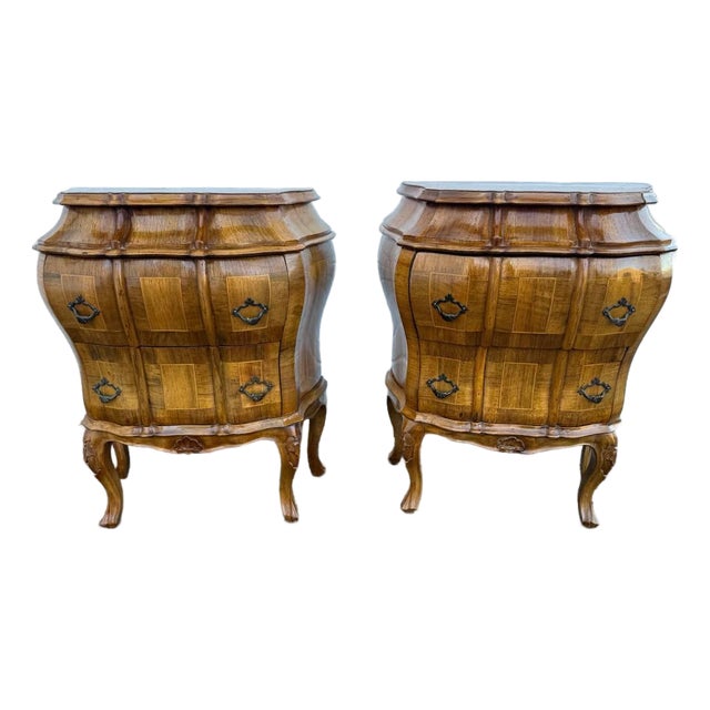 Pair of Antique Italian Rococo Venetian Louis XIV Style Bombe Burl Walnut Chests. For Sale