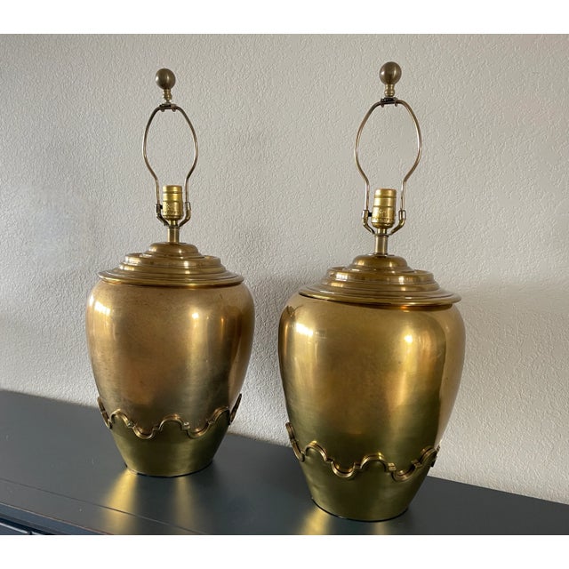 Metal !970's Chapman Brass Table Lamps Scalloped Base- a Pair For Sale - Image 7 of 11