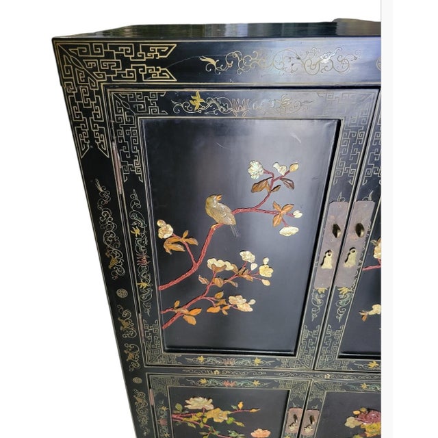Vintage Chinoiserie Black Lacquered Large 4 Door Soapstone Decorative Storage Cabinet For Sale - Image 12 of 18