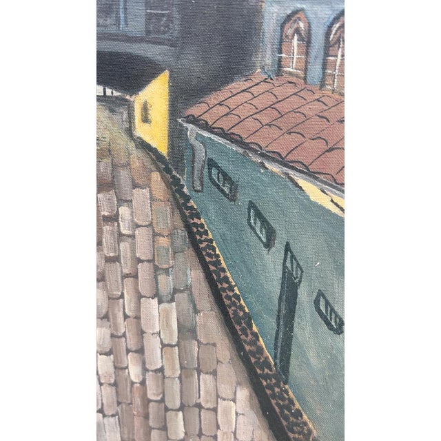Vintage Folk Art European Night Street Scene Oil Paintings, Set of 2 For Sale - Image 4 of 18