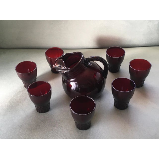 1940s Anchor Hocking Ruby Glass Pitcher & Juice Glasses Set- 8 Pieces For Sale - Image 10 of 13