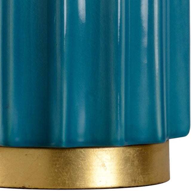 Teal crackled glaze ceramic with gold leaf accents 27.5h x 5w x 5d Shade Dimensions: top(15) bottom(16) side(10)