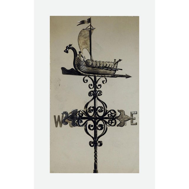 Mid 20th century ink and watercolor on paper drawing of weather vane design with Viking ship. Unsigned. Unframed, age...