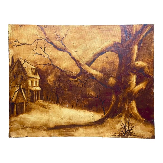1970’s "The Tree" Bistre Style Oil Painting, Burnt Umber Colors by