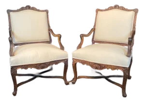 Antique French Louis XV Carved Walnut & Newly Upholstered Armchairs - A Pair