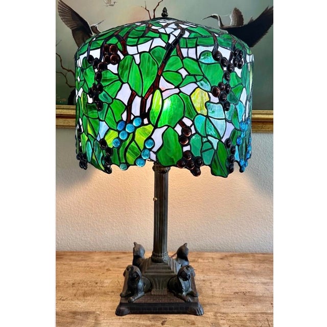 Metal Rare c.1915 Unique Art Glass & Metal Co. Grapevine Leaded Glass Table Lamp With Egyptian Sphinx Bronze Base | Museum Quality For Sale - Image 7 of 18
