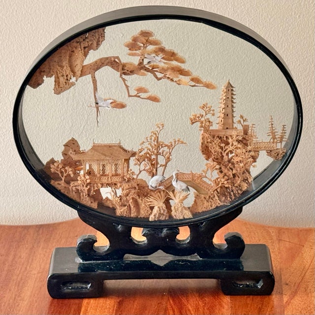 Beautiful midcentury one-of-a-kind handmade Chinese cork diorama in a black lacquer shadow box. A very detailed Asian...