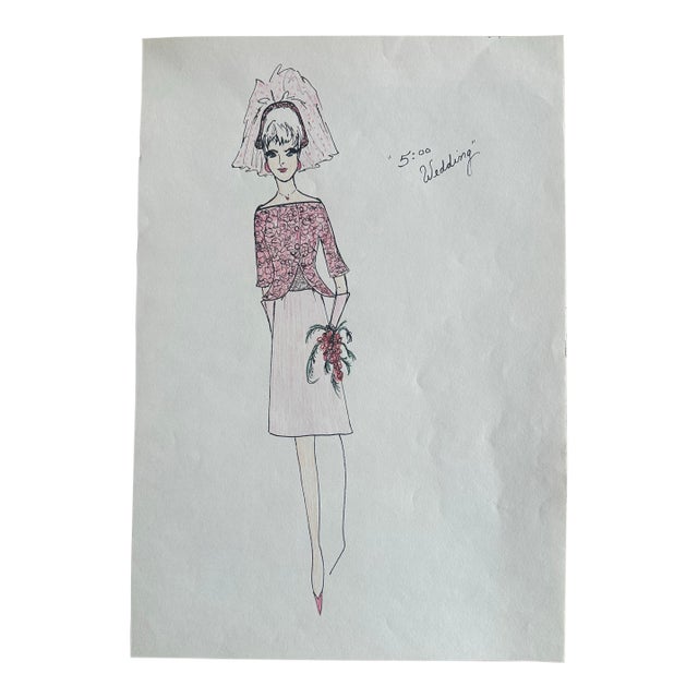 “5:00 Wedding” – Vintage Pink Lace Bridal Ensemble Illustration For Sale