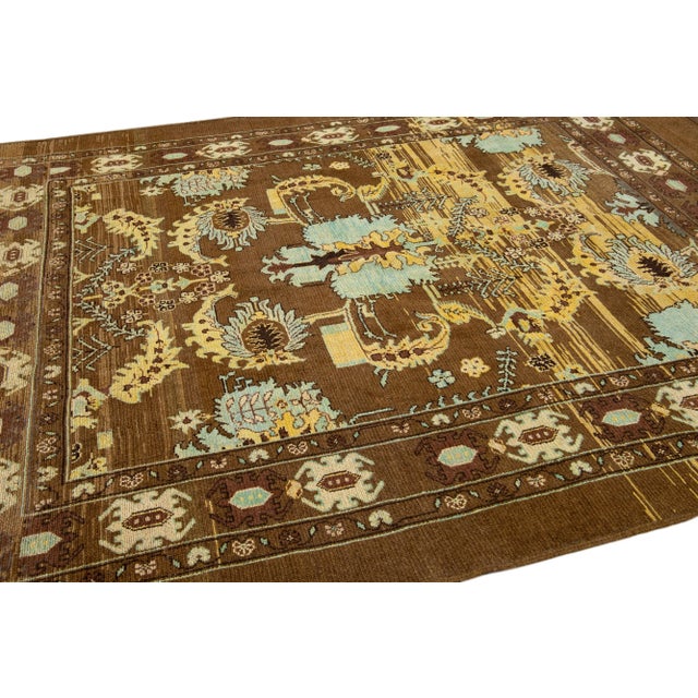 Mid-Centruy Transitional Style Handmade Floral Brown Wool Rug For Sale In New York - Image 6 of 8