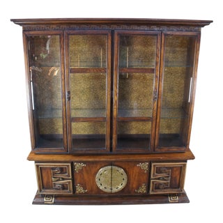 1970s Oak Chinese Chinoiserie Shou Ming Style China Display Cabinet Credenza 84" For Sale