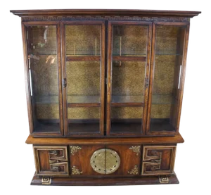 1970s Oak Chinese Chinoiserie Shou Ming Style China Display Cabinet Credenza 84"