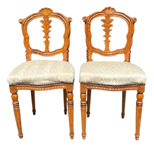 19th Century Antique French Carved Upholstered Wood Grotto Shell Motif Chairs - A Pair