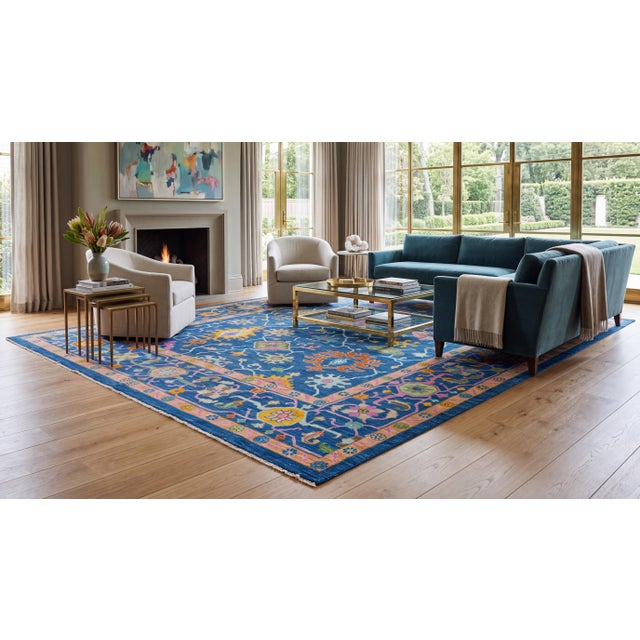 Elevate your space with this stunning Hand-Knotted Modern Oushak Style Wool Area Rug, featuring a rich, saturated cobalt...